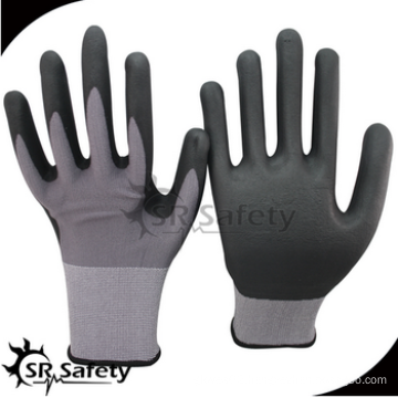 SRSAFETY cheap price/15g nylon and spandex thin foam nitrile gloves/hand gloves